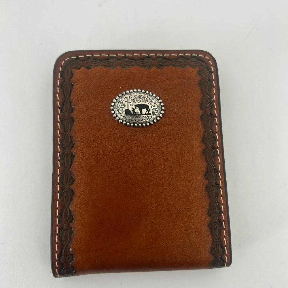 Nocona Brown Leather Slim fold with Money Clip Wallet and Praying Cowboy Emblem